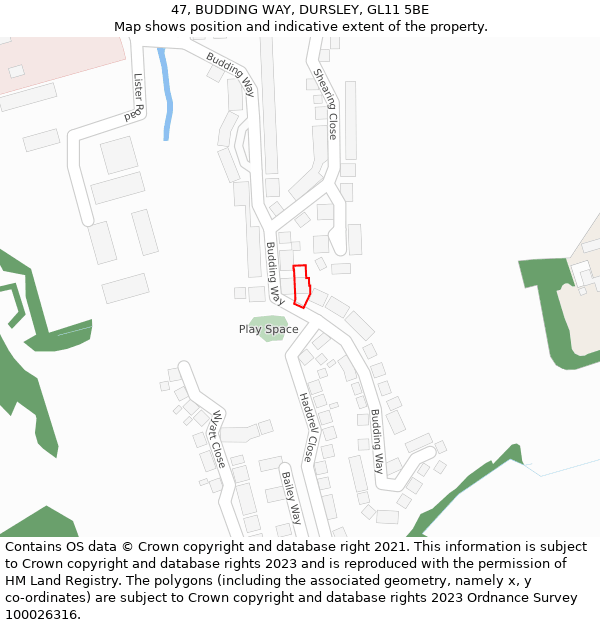 47, BUDDING WAY, DURSLEY, GL11 5BE: Location map and indicative extent of plot