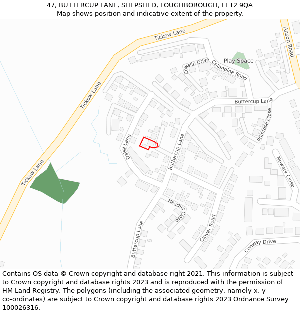 47, BUTTERCUP LANE, SHEPSHED, LOUGHBOROUGH, LE12 9QA: Location map and indicative extent of plot