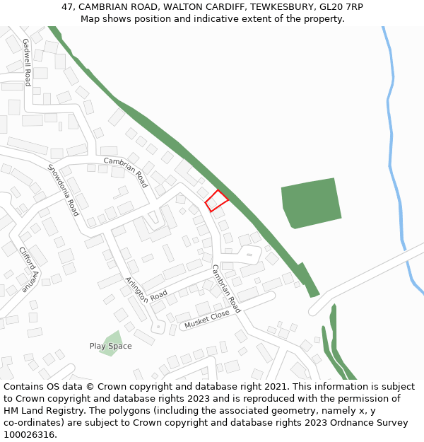 47, CAMBRIAN ROAD, WALTON CARDIFF, TEWKESBURY, GL20 7RP: Location map and indicative extent of plot