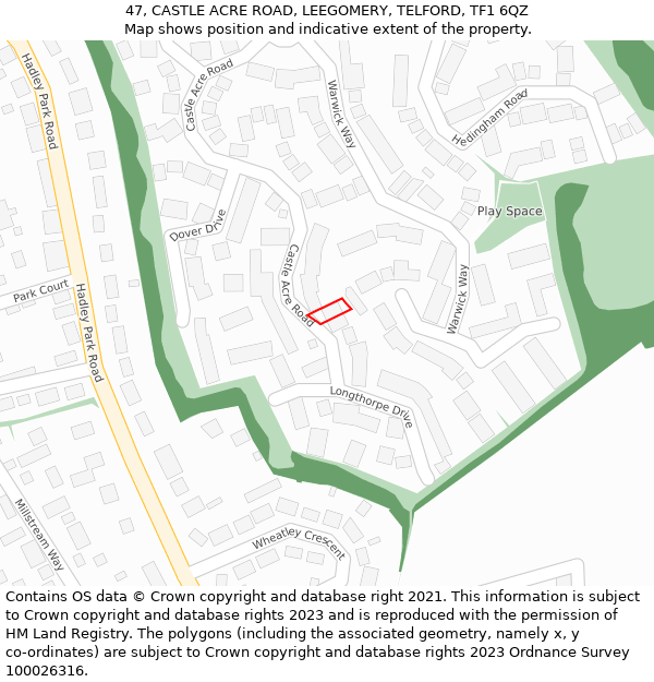 47, CASTLE ACRE ROAD, LEEGOMERY, TELFORD, TF1 6QZ: Location map and indicative extent of plot