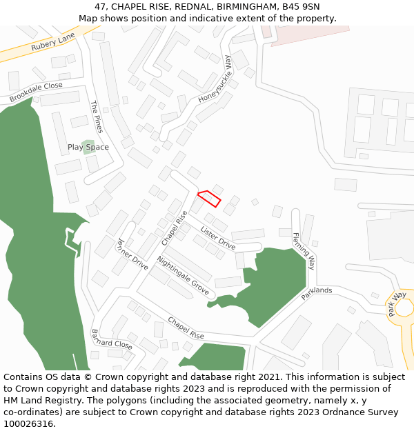 47, CHAPEL RISE, REDNAL, BIRMINGHAM, B45 9SN: Location map and indicative extent of plot