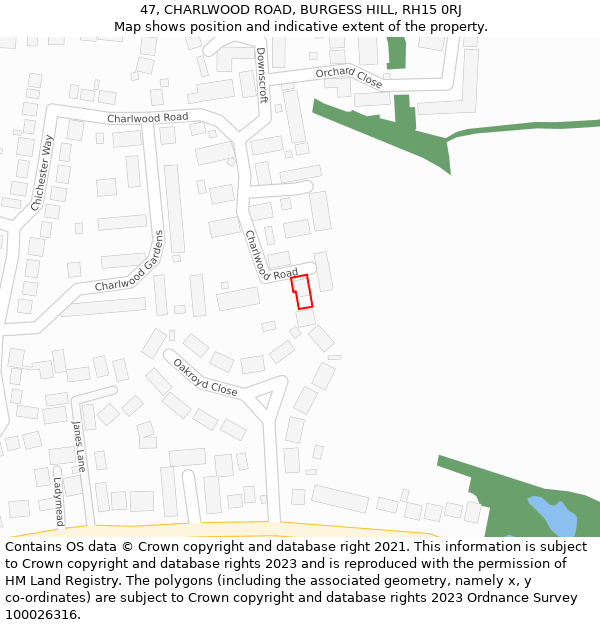 47, CHARLWOOD ROAD, BURGESS HILL, RH15 0RJ: Location map and indicative extent of plot