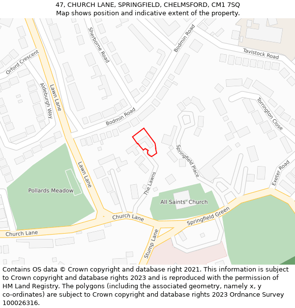 47, CHURCH LANE, SPRINGFIELD, CHELMSFORD, CM1 7SQ: Location map and indicative extent of plot