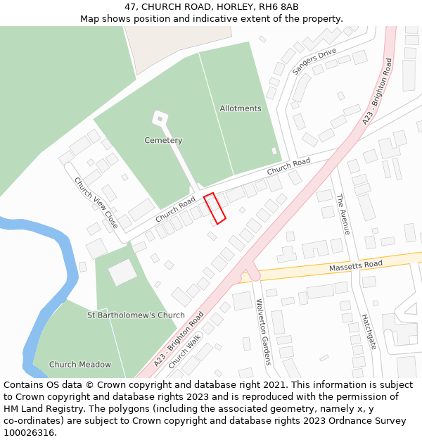 47, CHURCH ROAD, HORLEY, RH6 8AB: Location map and indicative extent of plot