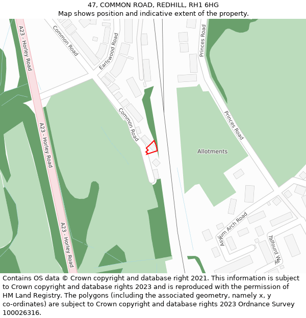 47, COMMON ROAD, REDHILL, RH1 6HG: Location map and indicative extent of plot