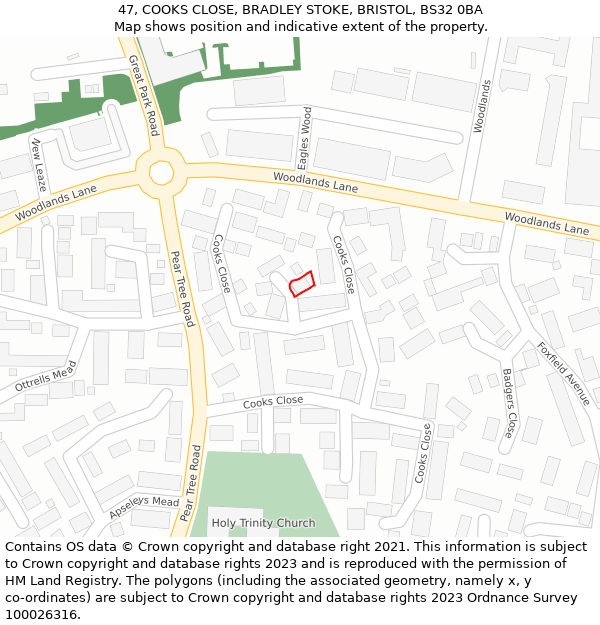 47, COOKS CLOSE, BRADLEY STOKE, BRISTOL, BS32 0BA: Location map and indicative extent of plot