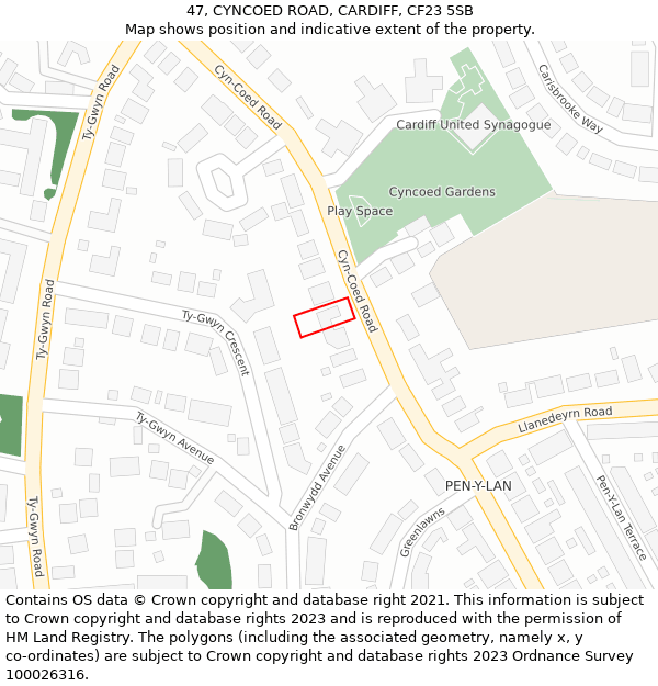 47, CYNCOED ROAD, CARDIFF, CF23 5SB: Location map and indicative extent of plot