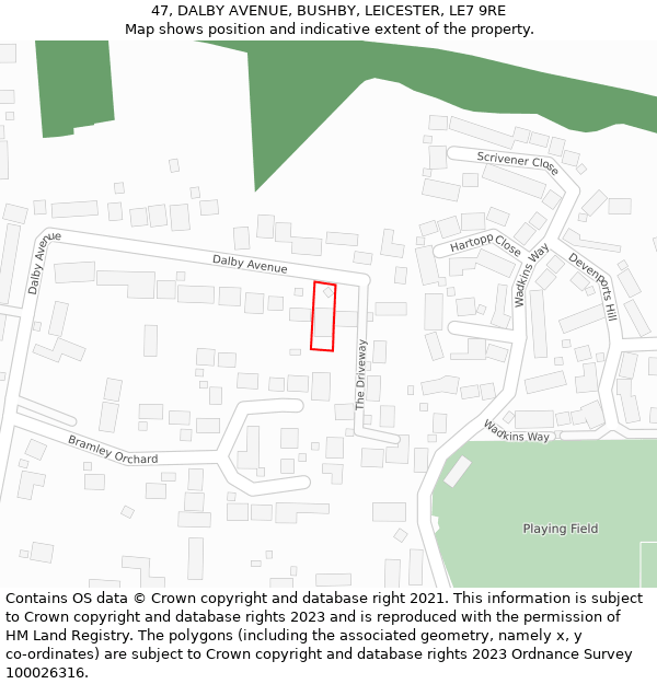 47, DALBY AVENUE, BUSHBY, LEICESTER, LE7 9RE: Location map and indicative extent of plot