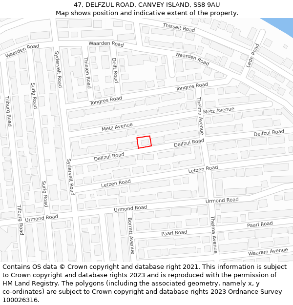 47, DELFZUL ROAD, CANVEY ISLAND, SS8 9AU: Location map and indicative extent of plot