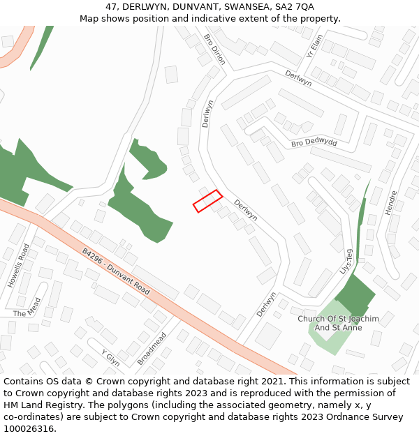 47, DERLWYN, DUNVANT, SWANSEA, SA2 7QA: Location map and indicative extent of plot