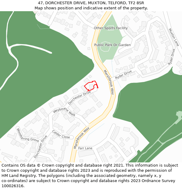 47, DORCHESTER DRIVE, MUXTON, TELFORD, TF2 8SR: Location map and indicative extent of plot