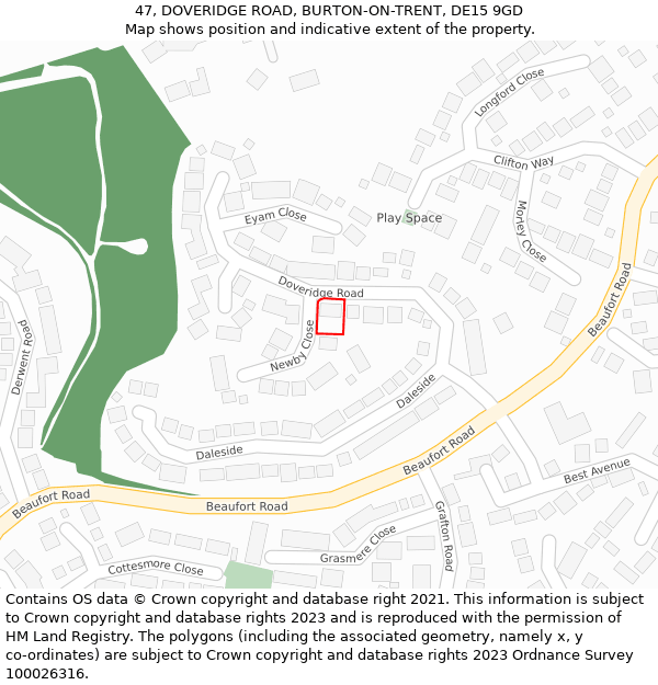 47, DOVERIDGE ROAD, BURTON-ON-TRENT, DE15 9GD: Location map and indicative extent of plot