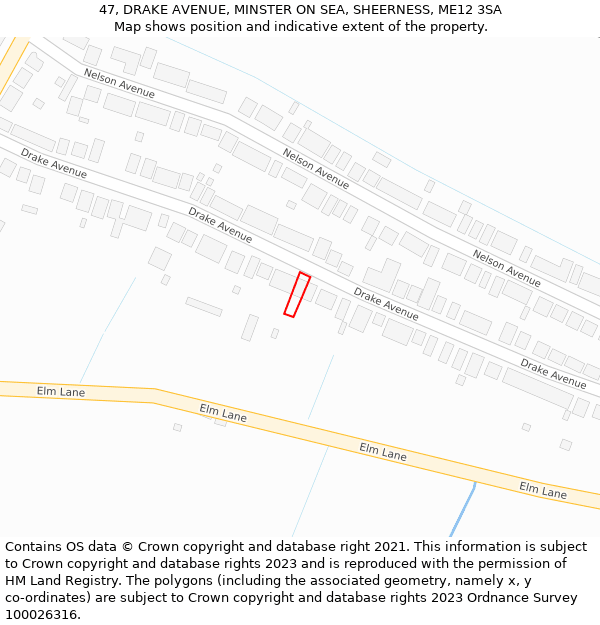 47, DRAKE AVENUE, MINSTER ON SEA, SHEERNESS, ME12 3SA: Location map and indicative extent of plot