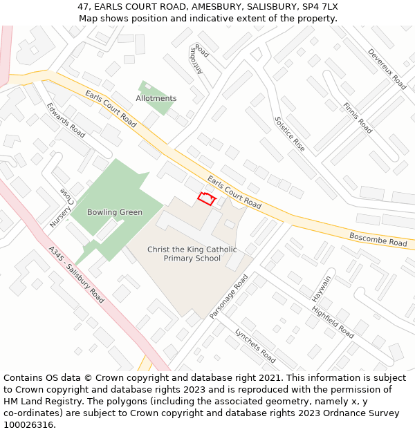 47, EARLS COURT ROAD, AMESBURY, SALISBURY, SP4 7LX: Location map and indicative extent of plot