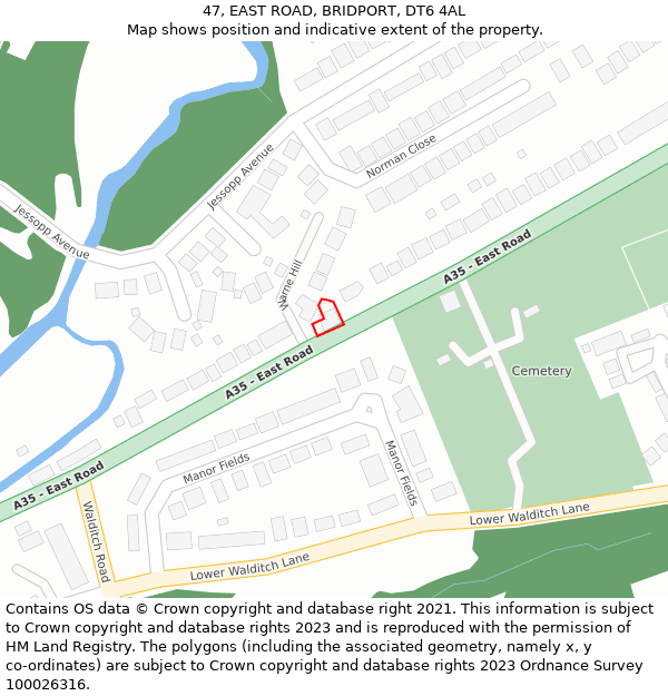 47, EAST ROAD, BRIDPORT, DT6 4AL: Location map and indicative extent of plot