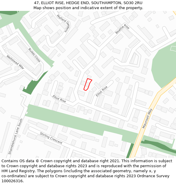 47, ELLIOT RISE, HEDGE END, SOUTHAMPTON, SO30 2RU: Location map and indicative extent of plot