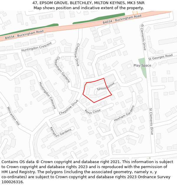 47, EPSOM GROVE, BLETCHLEY, MILTON KEYNES, MK3 5NR: Location map and indicative extent of plot