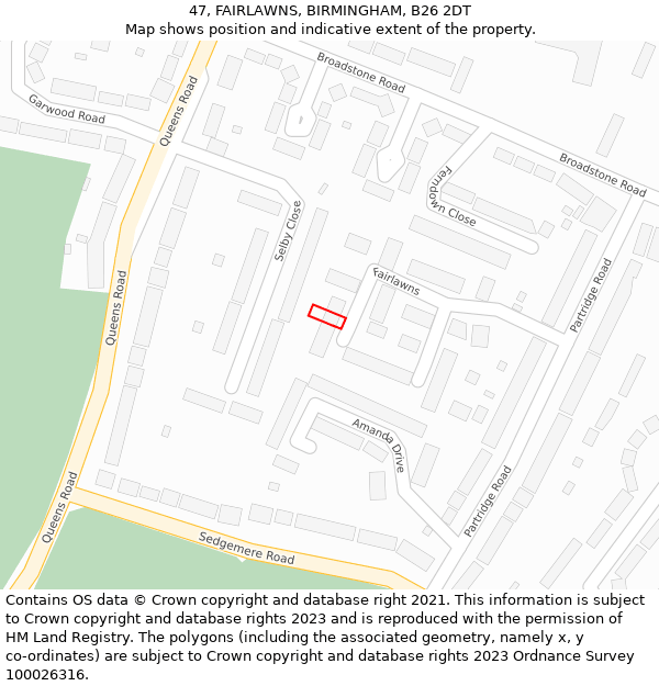 47, FAIRLAWNS, BIRMINGHAM, B26 2DT: Location map and indicative extent of plot