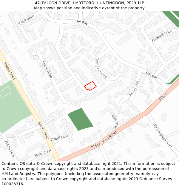 47, FALCON DRIVE, HARTFORD, HUNTINGDON, PE29 1LP: Location map and indicative extent of plot