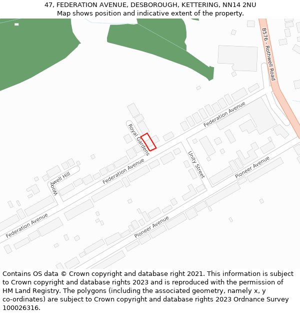 47, FEDERATION AVENUE, DESBOROUGH, KETTERING, NN14 2NU: Location map and indicative extent of plot