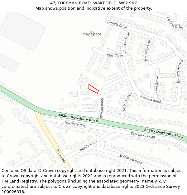 47, FOREMAN ROAD, WAKEFIELD, WF2 9AZ: Location map and indicative extent of plot