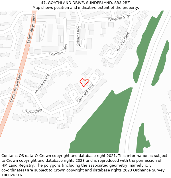 47, GOATHLAND DRIVE, SUNDERLAND, SR3 2BZ: Location map and indicative extent of plot