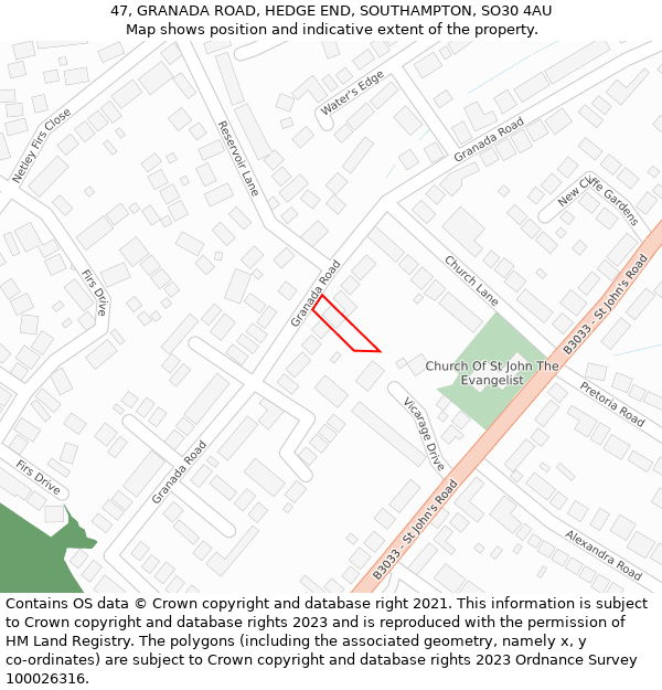 47, GRANADA ROAD, HEDGE END, SOUTHAMPTON, SO30 4AU: Location map and indicative extent of plot