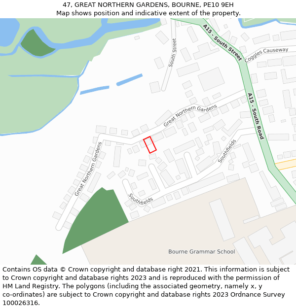 47, GREAT NORTHERN GARDENS, BOURNE, PE10 9EH: Location map and indicative extent of plot