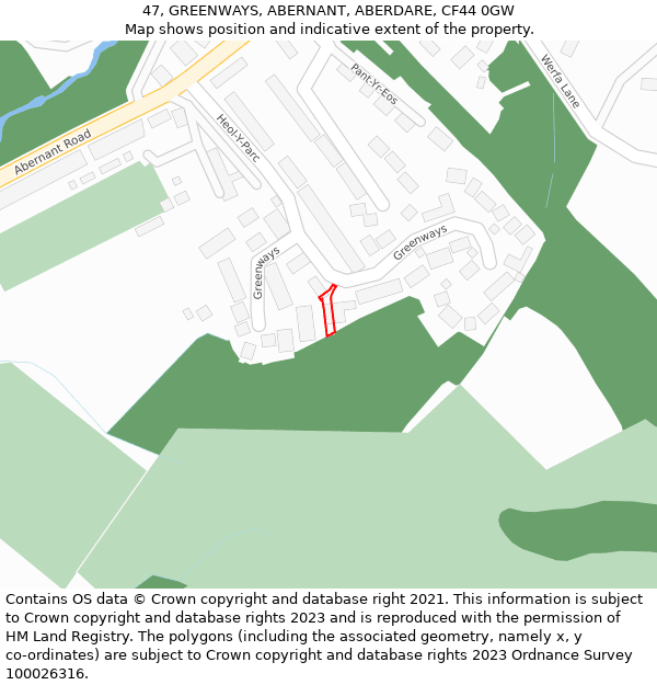 47, GREENWAYS, ABERNANT, ABERDARE, CF44 0GW: Location map and indicative extent of plot