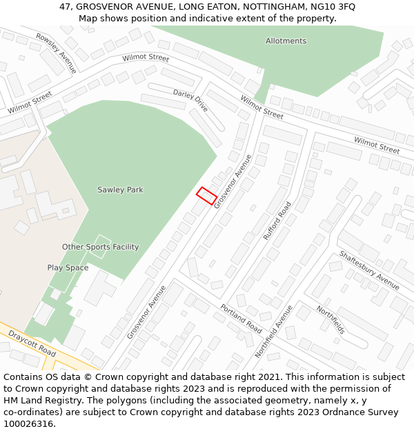 47, GROSVENOR AVENUE, LONG EATON, NOTTINGHAM, NG10 3FQ: Location map and indicative extent of plot