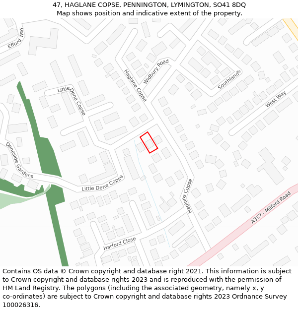 47, HAGLANE COPSE, PENNINGTON, LYMINGTON, SO41 8DQ: Location map and indicative extent of plot