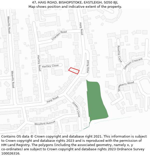 47, HAIG ROAD, BISHOPSTOKE, EASTLEIGH, SO50 8JL: Location map and indicative extent of plot