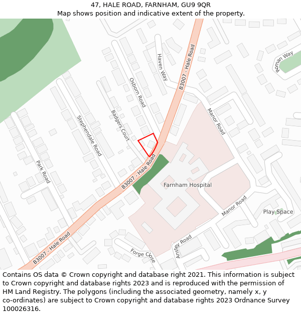 47, HALE ROAD, FARNHAM, GU9 9QR: Location map and indicative extent of plot