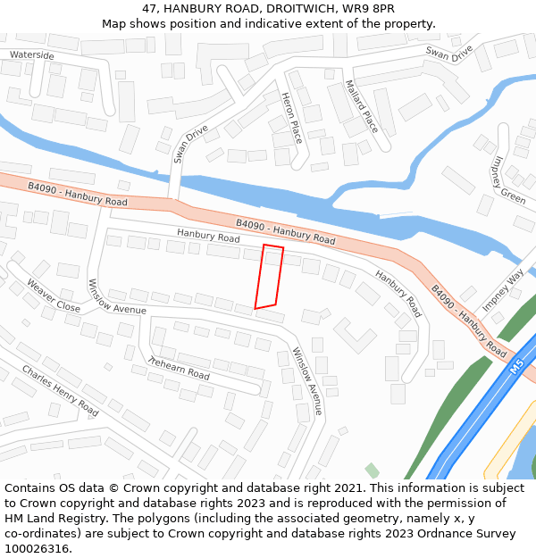 47, HANBURY ROAD, DROITWICH, WR9 8PR: Location map and indicative extent of plot