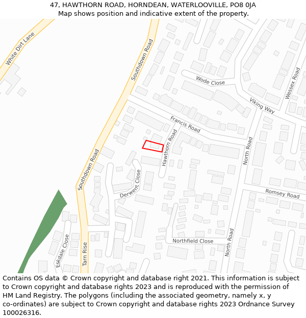 47, HAWTHORN ROAD, HORNDEAN, WATERLOOVILLE, PO8 0JA: Location map and indicative extent of plot