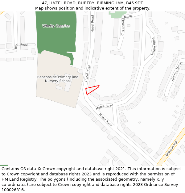 47, HAZEL ROAD, RUBERY, BIRMINGHAM, B45 9DT: Location map and indicative extent of plot