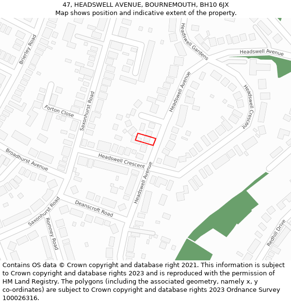 47, HEADSWELL AVENUE, BOURNEMOUTH, BH10 6JX: Location map and indicative extent of plot
