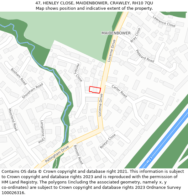 47, HENLEY CLOSE, MAIDENBOWER, CRAWLEY, RH10 7QU: Location map and indicative extent of plot