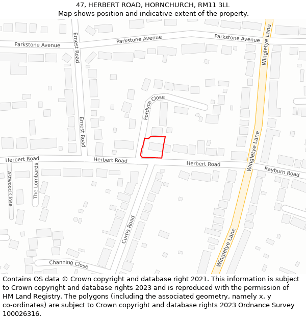 47, HERBERT ROAD, HORNCHURCH, RM11 3LL: Location map and indicative extent of plot