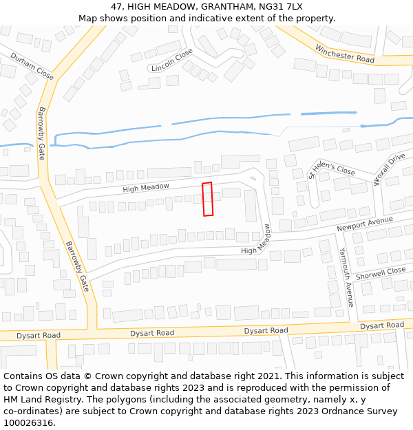 47, HIGH MEADOW, GRANTHAM, NG31 7LX: Location map and indicative extent of plot