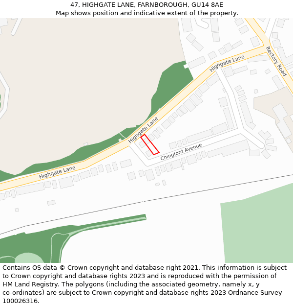 47, HIGHGATE LANE, FARNBOROUGH, GU14 8AE: Location map and indicative extent of plot