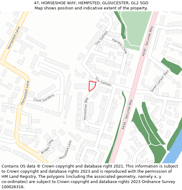 47, HORSESHOE WAY, HEMPSTED, GLOUCESTER, GL2 5GD: Location map and indicative extent of plot