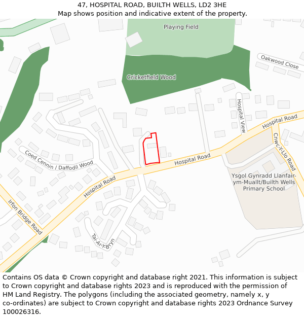 47, HOSPITAL ROAD, BUILTH WELLS, LD2 3HE: Location map and indicative extent of plot