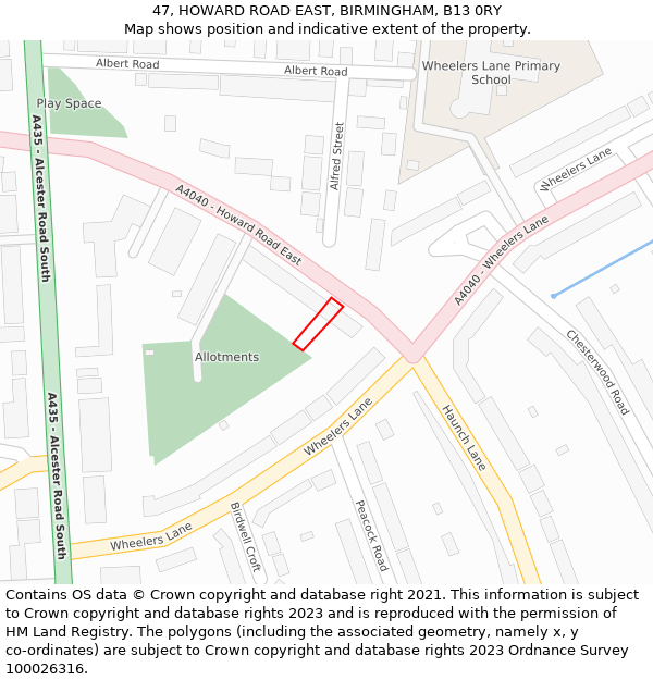 47, HOWARD ROAD EAST, BIRMINGHAM, B13 0RY: Location map and indicative extent of plot