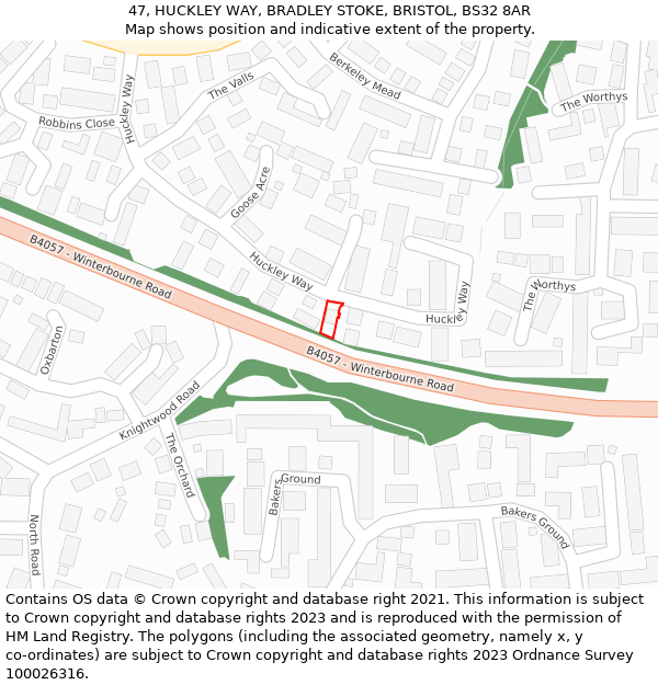 47, HUCKLEY WAY, BRADLEY STOKE, BRISTOL, BS32 8AR: Location map and indicative extent of plot