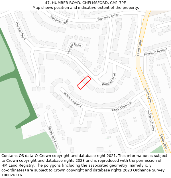 47, HUMBER ROAD, CHELMSFORD, CM1 7PE: Location map and indicative extent of plot