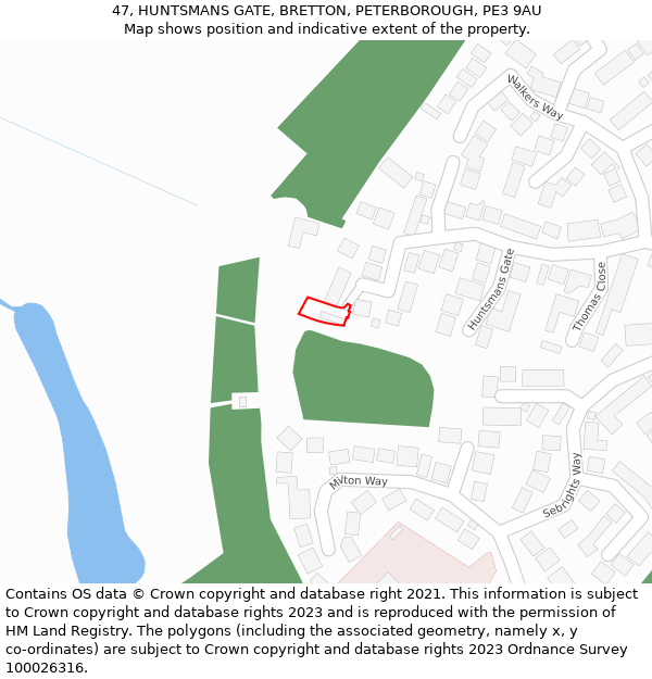 47, HUNTSMANS GATE, BRETTON, PETERBOROUGH, PE3 9AU: Location map and indicative extent of plot