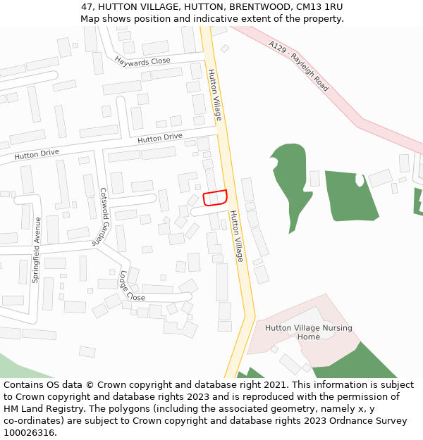 47, HUTTON VILLAGE, HUTTON, BRENTWOOD, CM13 1RU: Location map and indicative extent of plot