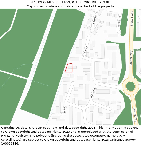47, HYHOLMES, BRETTON, PETERBOROUGH, PE3 8LJ: Location map and indicative extent of plot