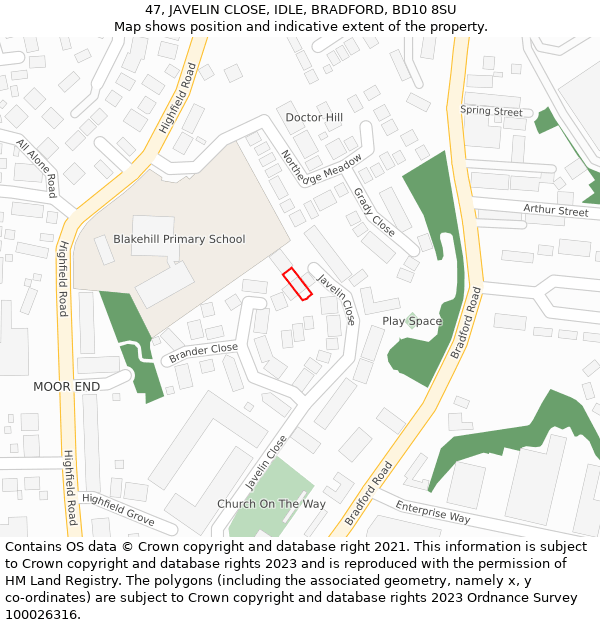 47, JAVELIN CLOSE, IDLE, BRADFORD, BD10 8SU: Location map and indicative extent of plot